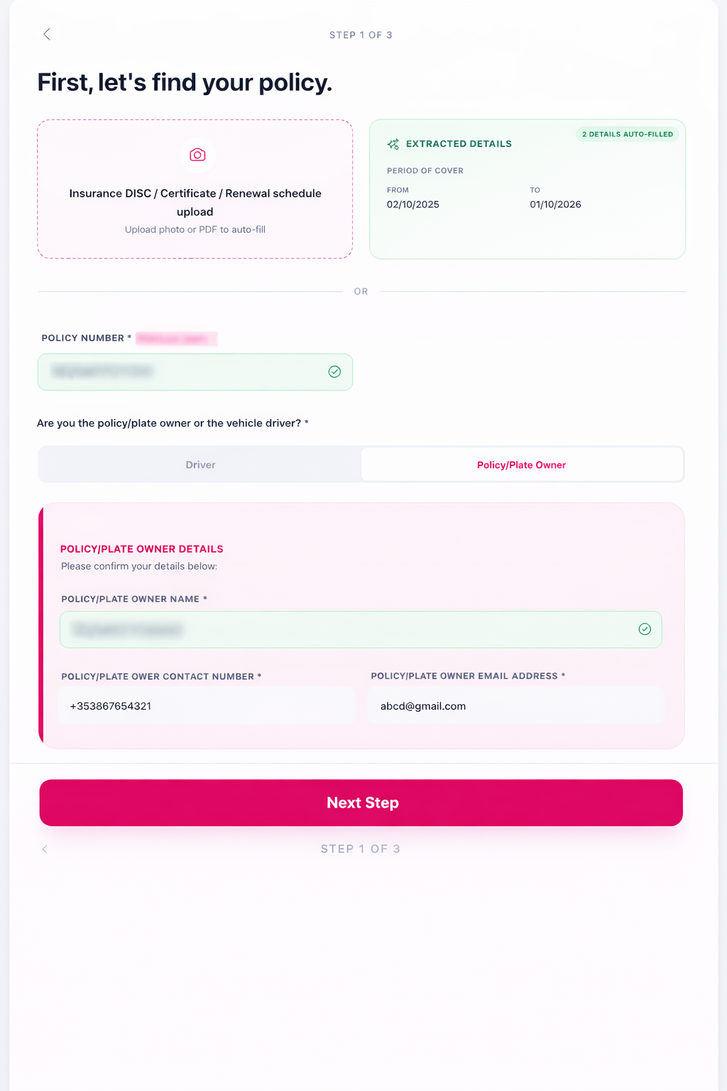 Policy lookup with auto-extracted details, personal details blurred