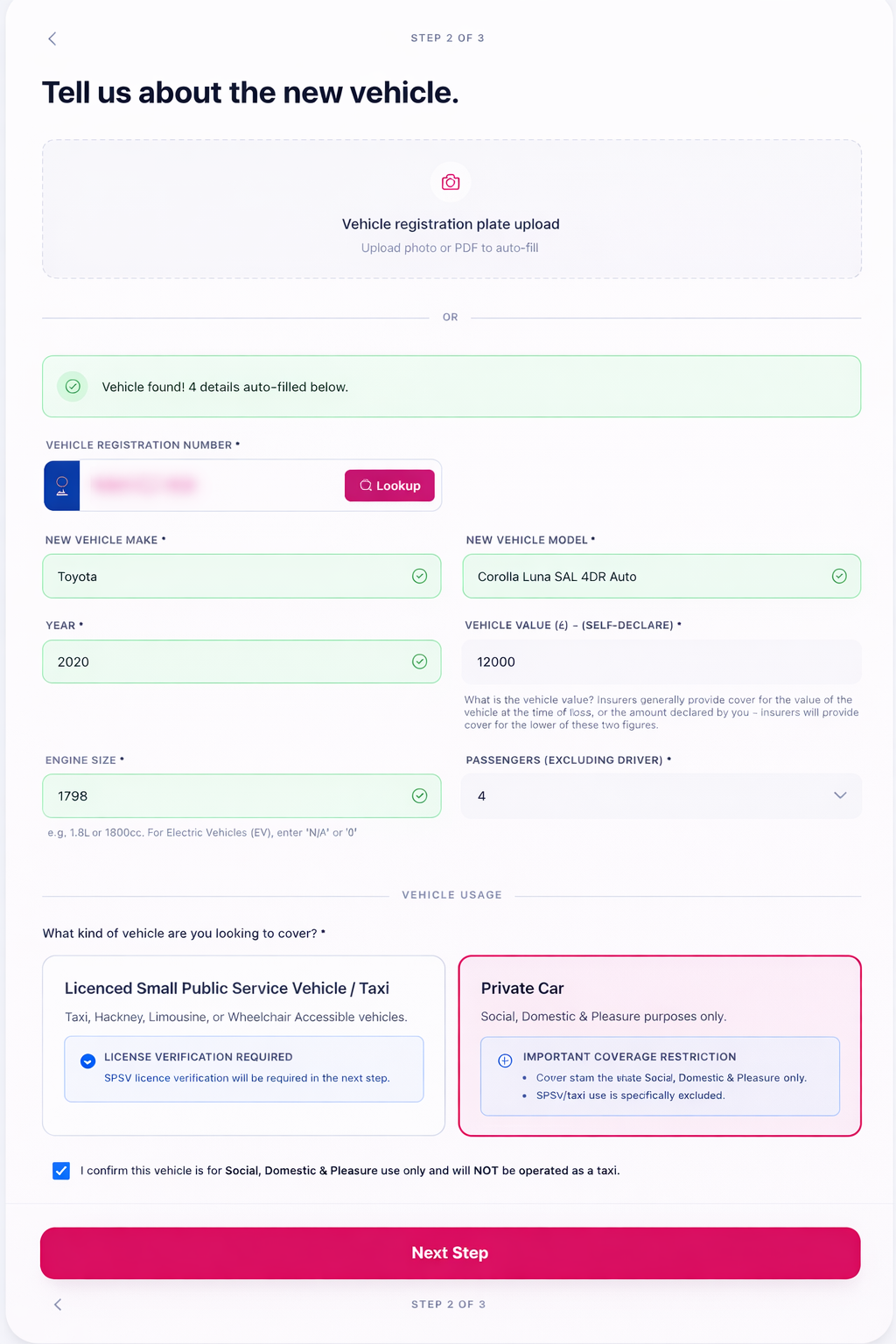 New vehicle capture with auto-filled fields, registration blurred