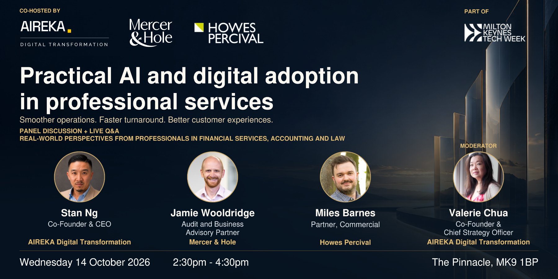 Practical AI and digital adoption in professional services. Co-hosted by AIREKA, Mercer & Hole and Howes Percival, part of Milton Keynes Tech Week